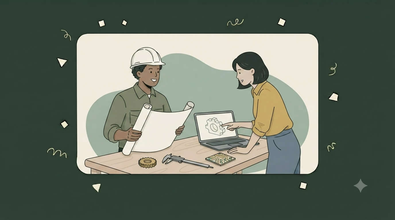 Illustration of two engineers reviewing a technical drawing and a CAD model together