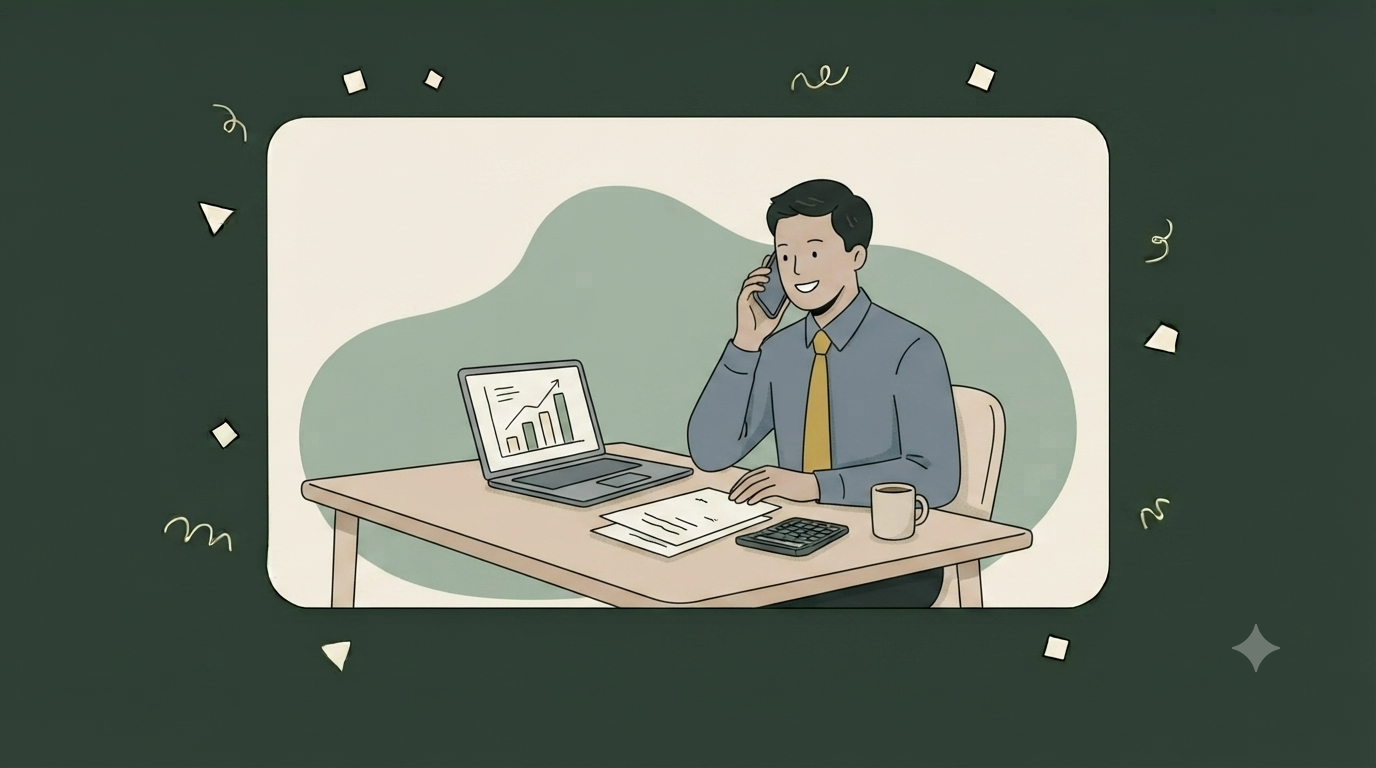 Illustration of a finance professional answering a research question at his desk