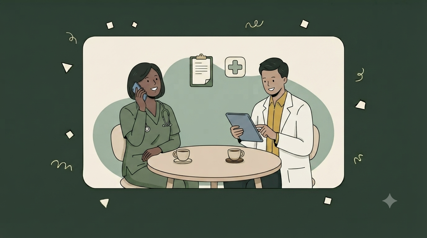 Illustration of a nurse and a pharmacist answering research questions during a quiet moment