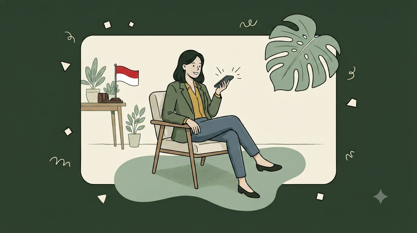 Illustration of an Indonesian professional recording a voice answer on her phone