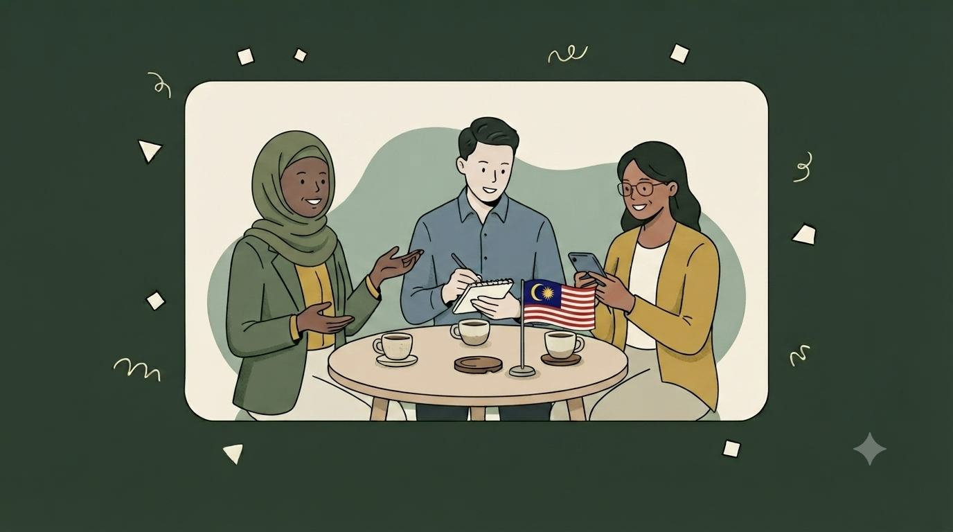 Illustration of three Malaysian professionals in discussion around a table